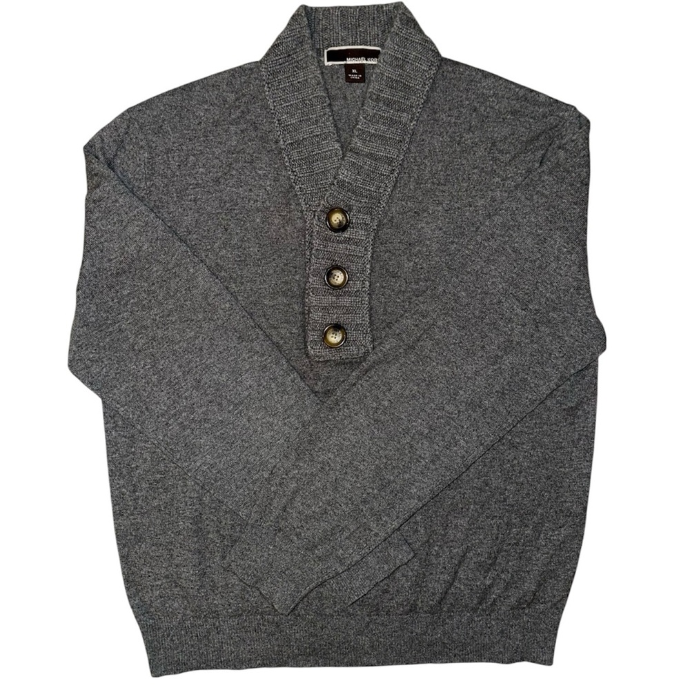 MICHAEL KORS Men's Cashmere Gray Sweater with Ribbed Shawl Collar and Buttons